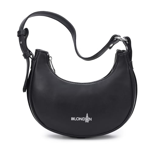 Image of K London Women's Vegan Leather Half Moon Bag | Stylish Black Shoulder Hobo | Compact Baguette Purse for Office, Casual, Party & Travel Use