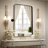 Adjustable Bathroom Mirrors Vanity Mirror - 24'x36' Black Stainless Steel Rectangular Matte Rounded Rectangle Mirror with Brushed Rimmed Decorative Farmhouse Premium Frame Large Mirror