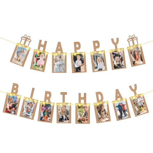 Seutgjie Decoração de aniversário, grinalda aniversário foto bandeira com luzes LED bolsas OPP e 15 cartões para fotos