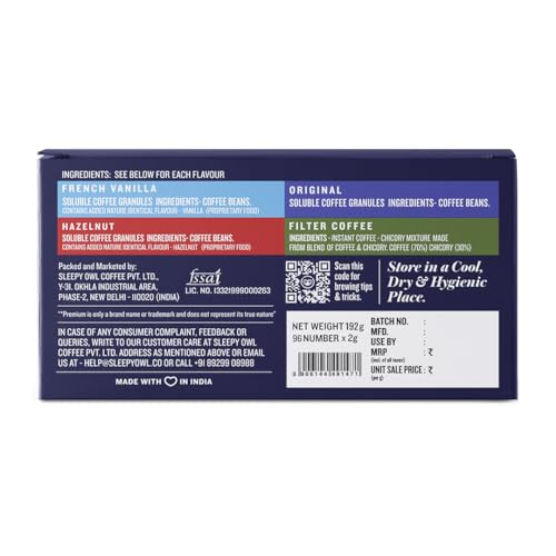 Sleepy Owl Instant Coffee Sachets | Pack of 96 Assorted Instant Coffee Sachets - 192 gm | 2g each - Original, Hazelnut, French Vanilla, Filter Kaapi | Makes 96 cups | Travel Pack, Easy to Use