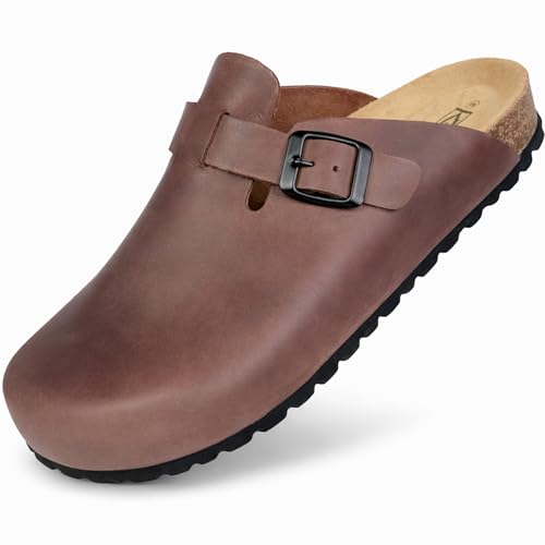 GONKOS®, Lederclogs mit Kork-Einlegesohle, echtes Leder, Naturkork, verstellbare Schnalle am Fuß, Herren-/Damensandalen, Qualitätssandalen, Made in Spain, Farbe Braun, Größe 43