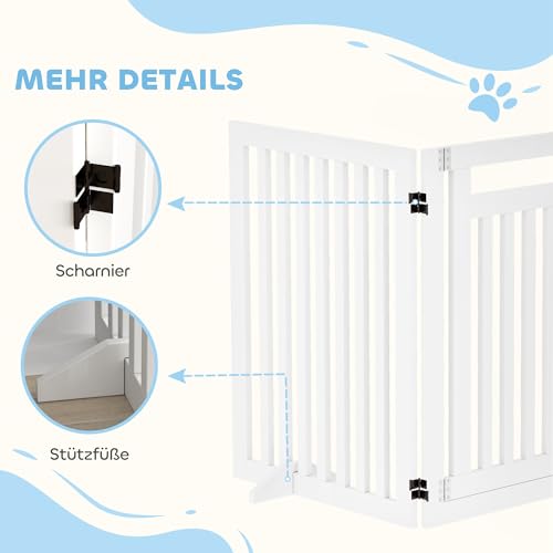 PawHut Absperrgitter Hund Freistehendes Treppengitter mit Füßen Holz 240 x 81 cm Hundegitter Schutzgitter Treppenschutzgitter für Treppen, Türen, Türschutzgitter für Küche, Flur, 4 Paneelen, Weiß
