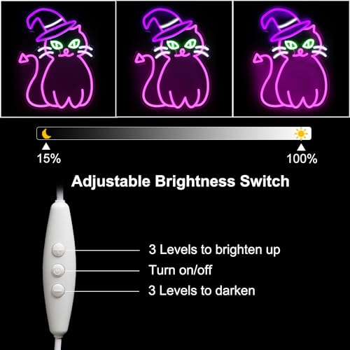 Image of Pink Cat with Witch Hat Neon Sign Halloween LED Light for Room Party Decor | Dimmable Animal Neon Light for Bedroom, Witch Cat Light Up Sign, Acrylic LED Signs for Wall Bar, USB Powered, Halloween Gifts