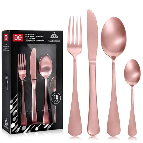 Dc Casa Servizio Posate 16 Pezzi in Acciaio Inox – Set Completo per 4 Persone, Design Raffinato e Moderno (Oro Rosa Satinato)