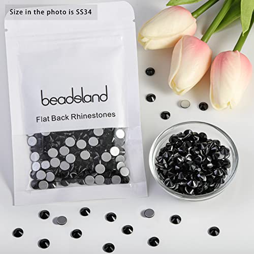 Image of Beadsland Flat Back Crystal Rhinestones,Jet Black, SS34, 288pcs | Round Glass Gems, 7.0-7.3mm, for Nail Art Craft, Glue Fix