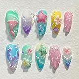 Shimmerz 24 Stück Mittelgroße Mandel Kunfnägel mit 3D Blumen Seestern Muschel Design Sommer Wiederverwendbarer Falsche Nagel Set Bunte Feine Kunfnägel