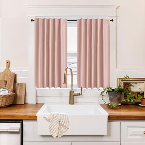 Image of RYB HOME 100% Blackout Short Curtains for Small Window, Thermal Insulated Noise Reducing Back Tab Curtains for Nursery Bathroom Basement, 42 inches Wide by 45 inches Long, Peach Pink