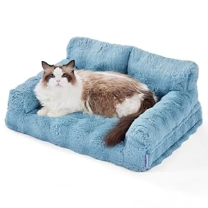 Lesure Orthopedic Cat Couch Bed, Cute Waterproof Cat Sofa with Supportive Egg Foam for Small Medium Dogs & Kittens, Washable Cat Chair with Fluffy Faux Fur Bubble Cover, Non-Slip Bottom, Cerulean
