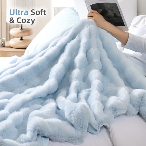 Smoofy Faux Fur Throw Blanket for Couch Rabbit Fleece - Light Blue Fluffy Blanket for Sofa Bedroom Living Room, Cozy Soft Plush Luxury Thick Winter Fuzzy Comfy Bubble Blanket - 60" x 80"