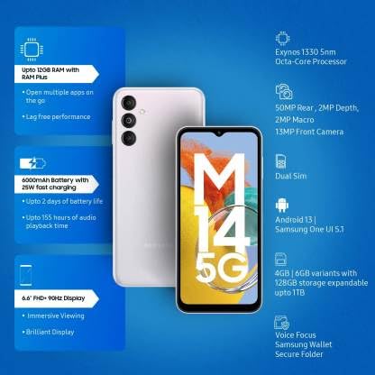 Image of (Refurbished) Samsung Galaxy M14 5G (Icy Silver, 6GB RAM, 128GB Storage)