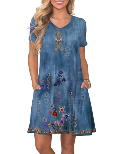 Image of COSSEN Women's Casual T Shirt Dress V-Neck Short Sleeves Swing Dresses Birthday Party Summer Travel Beach with Pocket