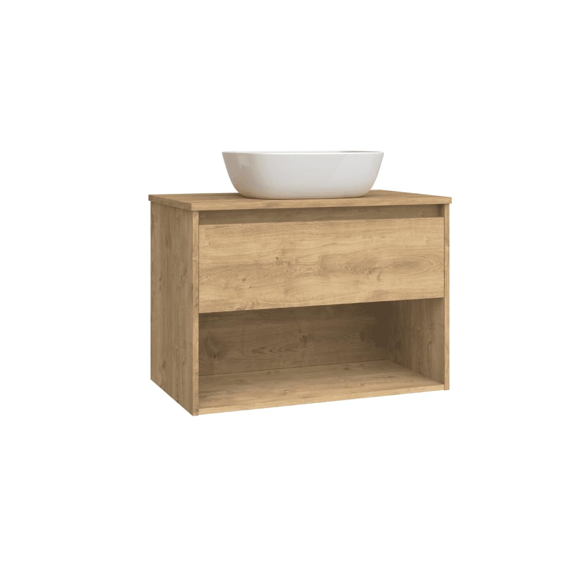 Mueble de Baño Suspendido con Lavabo Sobreponer Cerámico| Mueble Volado 1 Cajón y 1 Hueco | 60 cm Roble Natural