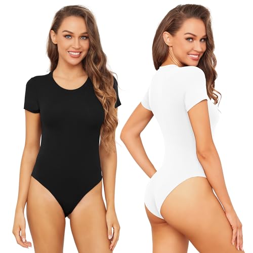 TVKSOM 5 Pack Body suits for Womens Short Sleeve Round Neck Casual Stretchy Basic T Shirt Bodysuit Tops3