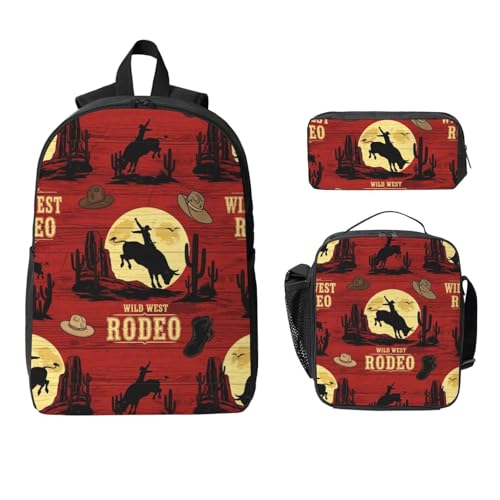 Ergonomic Backpack Set with Insulated Food Carrier & Multi-Pocket Pencil Case (3pc Waterproof Combo for Hiking/Commuting, Bull Riding Wlid West Rodeo)2