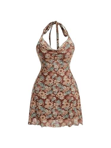 Image of Floerns Women's Plus Size Allover Floral Print Draped Halter Neck Tie Back Bodycon Dress Brown Multi 4XL