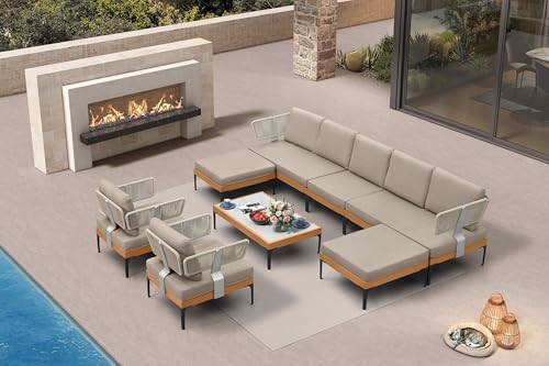 Image of PURPLE LEAF Patio Furniture Set Outdoor Conversation Sets with Fade-Resistant Cushions and Pillows 10 Pieces Aluminum Modern Wicker Sofa Chairs for Balcony Yard Garden, Taupe