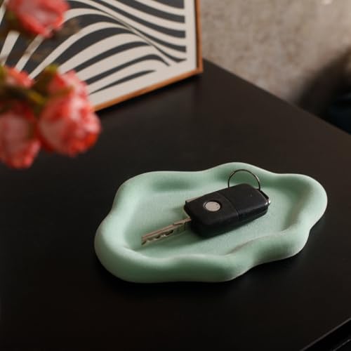 Image of Jewelry Dish Trinket Tray for Women, Ring Dish Holder, Unique Cloud Shape Ceramic Plate Cute Things Vanity Aesthetic Room Decor Mother's Day Birthday (Flocked Green)