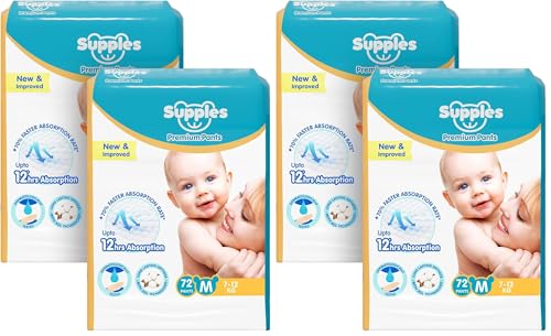 Image of Amazon Brand - Supples Premium Baby Diaper Pants | 144 Baby Diapers | Medium | 7-12 Kg | 12 Hrs Absorption | Cushiony Cotton Soft Fabric | Phthalates-Free | Triple Leak Guard | 72 Count, Pack of 4