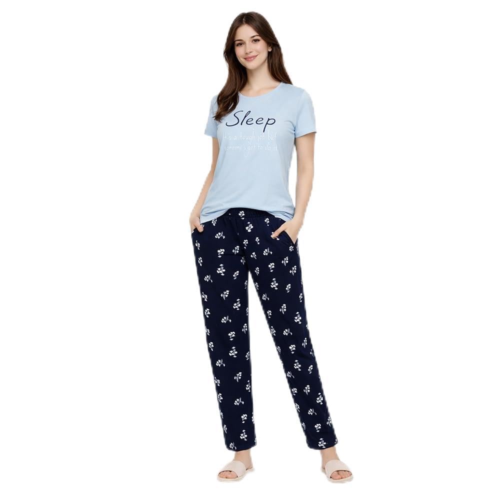 comfort lady Women’s Cotton Night Suit | Round Neck Printed T-Shirt with Pyjama | Relaxed Fit Sleepwear & Loungewear - NSTP3005-picture-40
