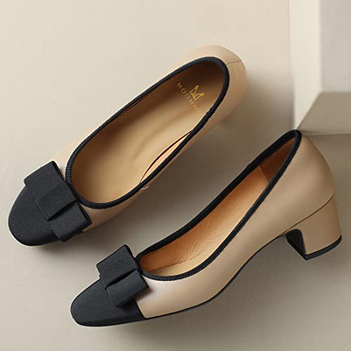 MOOMMO Women Low Chunky Heel Pumps Shoes Bows Round Closed Toe Slip On Block Heels Dress Sandals Cap Toe Bow Flats Shoes Two-Toned Ladies Girls Wedding Office School Elegant Comfort Spring 4-11 M US2