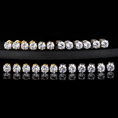 MDFUN Hypoallergenic CZ Stud Earrings Set for Women/Men,6 Pairs 18K Gold Plated Round 3-8mm Clear Cubic Zirconia Earring Pack Jewelry Gift4