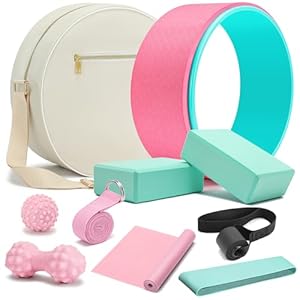 Yoga Wheel Set – Back Pain Relief & Stretching, Blocks 2 Pack With Strap, Deep Tissue Massage Foam Roller, Exercise Balls