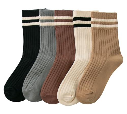 Image of Deeorla Womens Striped Crew Socks Brown Vintage Retro Athletic Socks 5 Pairs