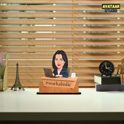 Image of Personalized Workaholic Girl Caricature Gift Custom Office Desk Avatar Birthday Gift for Wife Girlfriend Sister Friend Unique Corporate Gift for Women (Workaholic Girl, 7 Inches)