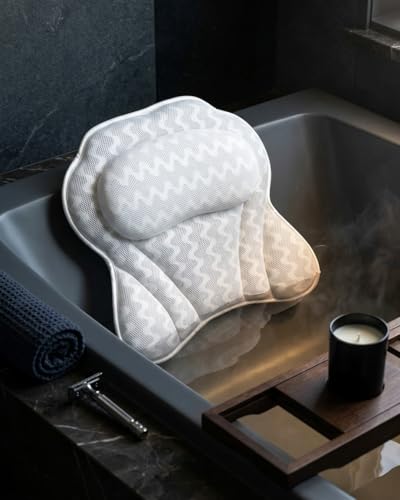 Image of Premium Bath Pillow with 6 Strong Suction Cups, Soft Mesh Neck and Back Support, Ergonomic Tub Pillow for Relaxing Bath, White by Texco International