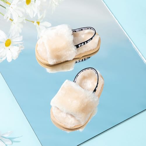 QIETION Girl's Soft Plush Lightweight House Slippers Non Slip Cross Band Slip on Open Toe Cozy Indoor Outdoor Slippers X102 Khaki 13CM4