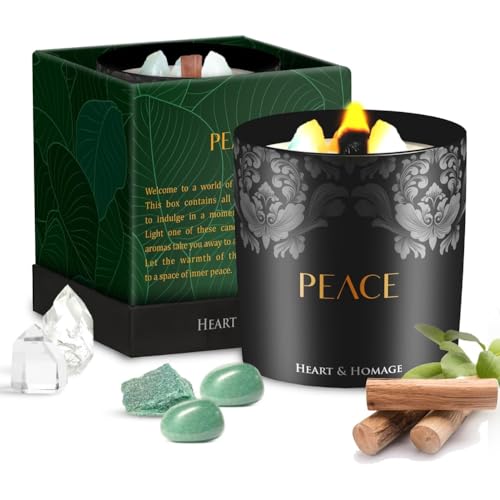 Heart & Homage Natural Scented Meditation Candle with Healing Crystals - Luxurious Wood Wick Crystal Candle with Premium Gift Packaging, 8.11 oz (Sandalwood)