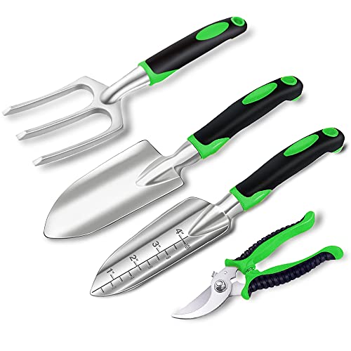 BIFY Gartengeräte Set,4 teiliges Gartenwerkzeuge Set, Gartenschere, Schaufel,Rechen,Spitzschaufel,für die Gartenbepflanzung (Frucht grün) Cover