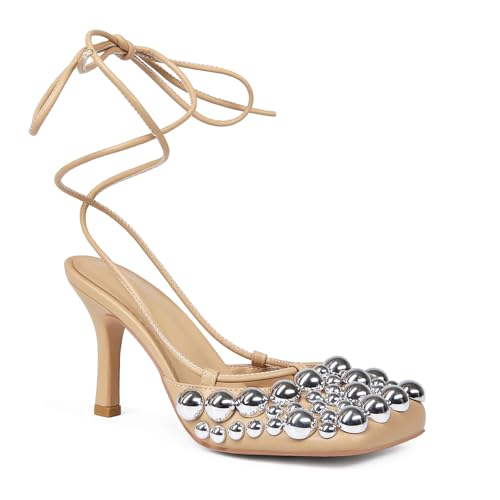 Image of Saint Leia Women's 4IN High Heel Sandals Nude Stiletto Pumps with Gold Silver Pearls Heels for Weddings Parties and Evening Wear