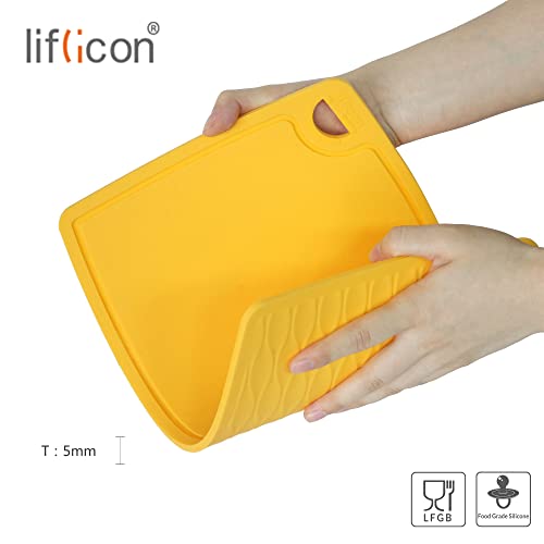 Liflicon Thick Cutting Boards for Kitchen Silicone Chopping Board Set of 2 Mid 12.6'' x 9.1”,Mini 9.1”x7.1” Non-slip Deep Drip Juice Groove Easy Grip Handle,Dishwasher Safe-Yellow