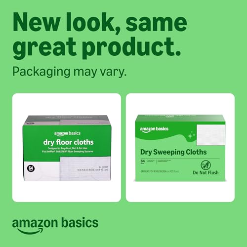 Image of Amazon Basics Dry Sweeping Cloths for Floor Cleaning, Pet Hair, Dust, Dirt, Multi-Surface, Disposable, Fits Swiffer Sweeper Mop Heads, 64 Count, Packaging May Vary