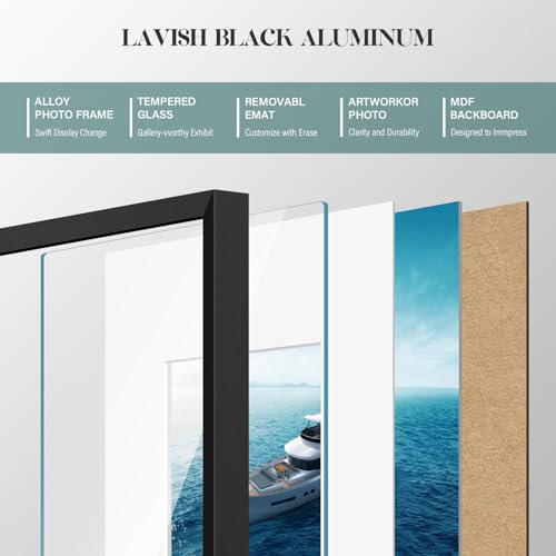 Image of VCK 5x7 Picture Frame Black Metal, Real Glass, 4x6 Mat, for Portrait