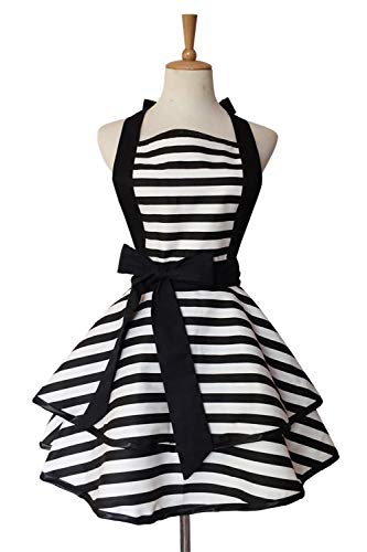 Bewitching エプロン 女性用 フリル カフェエプロン 黒 (ストライプ ブラック)