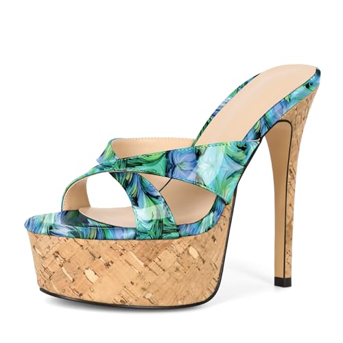 Image of Esvowido Heeled Mules for Women Cork Platform Stiletto Heels Slip on Open Toe High Heeled Sandals Crisscross Slippers Pumps Shoes