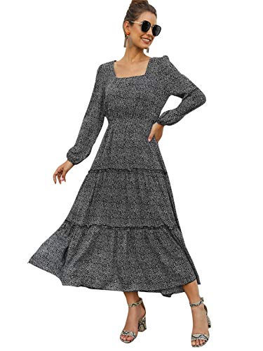 SweatyRocks Women's Long Sleeve Square Neck Floral Print Flared Flowy Chiffon Swing Maxi Dress Multicolor L