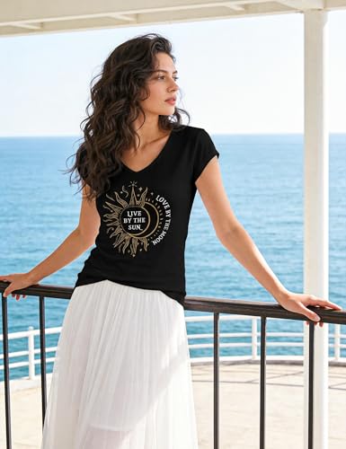 Leversic Koszulka damska z nadrukiem, krótki rękaw, letnia, dekolt w serek, bluzka vintage, basic, jednokolorowa, casualowy top, S-XXL, XL