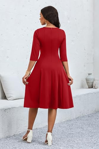 Image of CLOCOR Casual Midi Dresses for Women A-Line Fit and Flare Elegant Church 3 /4 Sleeve Crew Neck Dress with Pocket