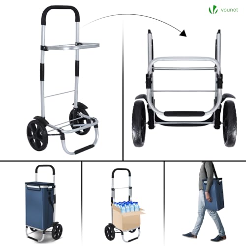 VOUNOT Einkaufstrolley Klappbar aus Aluminium mit 50L Wasserdichter Tasche und Kühlfach, 2 Extra große Räder mit Schutzblech, Faltbarer Einkaufswagen, Treppensteiger Trolley, Marineblau – Bild 4