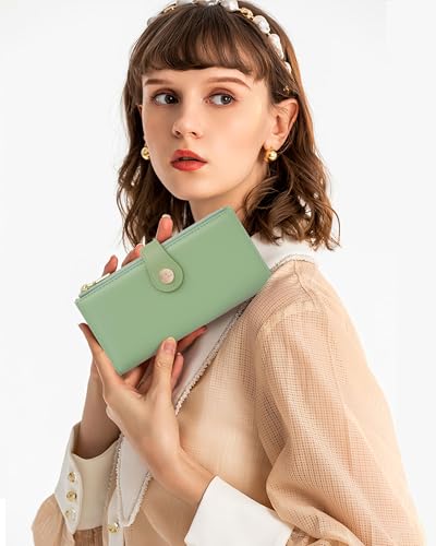 Image of Green Women's Slim Wallet,Thin RFID Card Holder with Zipper Pocket | 12 Slot Wallet Organizer, Large Capacity, Vegan Leather, Coin Purse, Cash Compartment, Travel Wallet, Women Gift