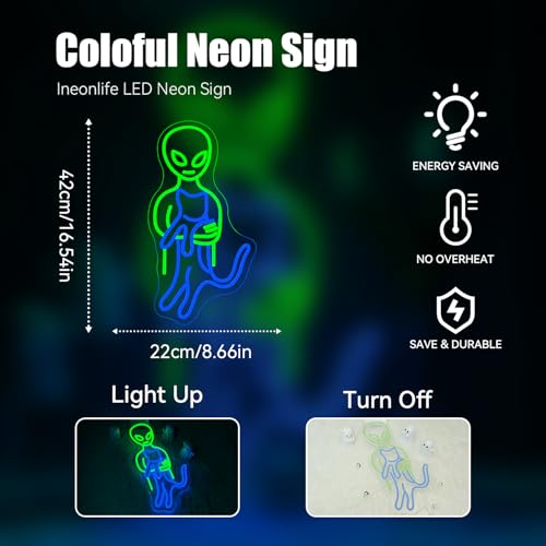 Ineonlife Green Alien Neon Sign, Funny Cat Alien Stuff Neon Signs for Men Cave LED Light Wall Art Decor Game Room Bedroom Party Boys Girls kids Gifts USB Powered 16.5 * 8.6 in