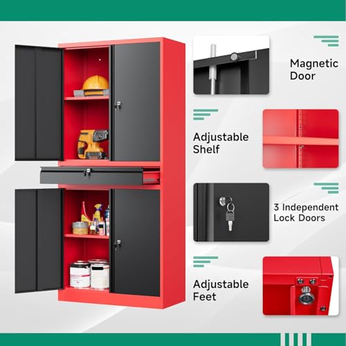 Image of Letaya Metal Garage Storage Cabinet with Drawer,4 Door Tool Cabinet with Adjustable Shelves for Garage Home Office Utility Room (Red)