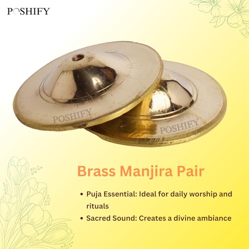Image of Brass Manjira (Pack of 1 Set)- Traditional Indian Handcrafted Brass Cymbals for Devotional Songs, Bhajans, Classical Music, and Cultural Events - 77