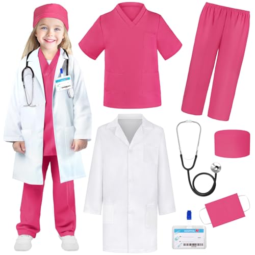 YADIYA Doctor Costume for Kids Scrubs Real Stethoscope Lab Coat Halloween Costumes Career Day Costume For Kids Girls 3-12