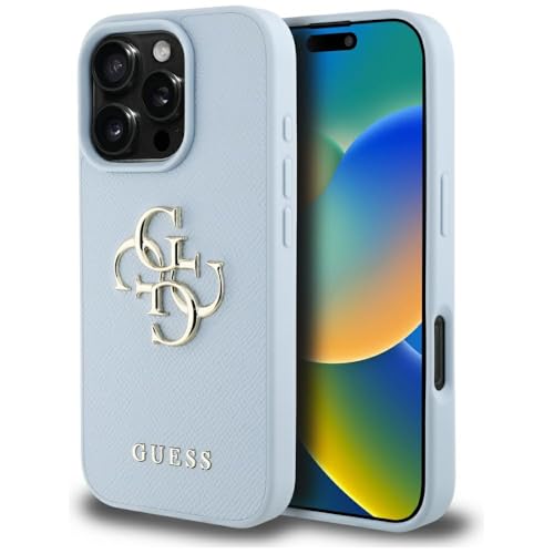 CG Mobile Guess Grained Big 4G Logo Small Classic Logo Coque pour iPhone 16 Pro (Bleu)