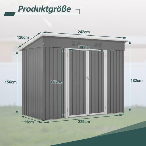 Gartenhaus Metall Geräteschuppen Grau 2,4x1,2 m wetterfest abschließbar mit Metallfundament – für Fahrräder und Gartengeräte