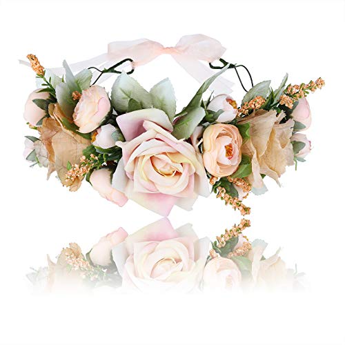 AWAYTR Bohemia Big Lilies Floral Crown Party Wedding Hair Wreaths Hair Bands Flower Headband (Cream white-1)